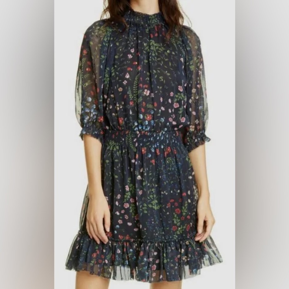 Joie Blue Floral Mock-Neck Keyhole Smocked Sheer Mini Dress XS